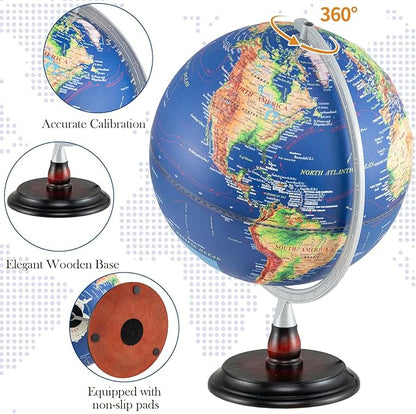12" Illuminated World Globe, Desktop Globe with Raised Relief, LED Lights, Time Zone & Non-Slip Wooden Base, Geographic Terrain Globes for Decoration (Navy)