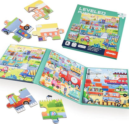 ASTARON Magnetic Puzzles for Toddlers, 25-30-42 Pieces Traffic Learning Magnet Puzzles for Road Trip, Educational Travel Toys Car Plane Activities for Kids, Kids Birthday Gifts