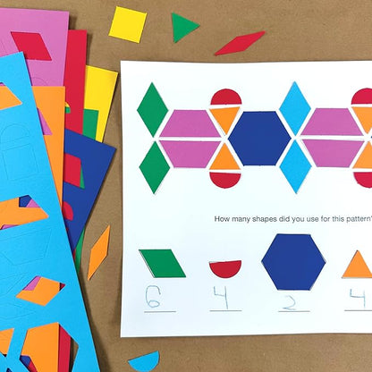 882 Pcs Pattern Block Shapes Math Manipulatives for Learning Multicolor Triangles, Squares, Hexagons, and more Easy-Punch Paper Shape Cutouts in 7 Bright Colors US Made Card Stock