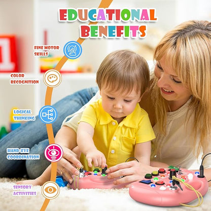 Montessori Busy Board, Busy Board with LED Light for Toddlers 2-4 Year Old, Baby Sensory Board Toddler Travel Toys for Kids My Preschool Busy Book Boy and Girls Birthday Gifts (Pink)