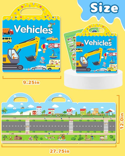 Benresive Reusable Sticker Book for Toddlers 2-4 Years, Fun Travel Stickers for Kids, Waterproof Sticker Books for Toddlers 1-3, Crafts Activities for Todddlers 1-3 2-4 3-5 - Vehicle
