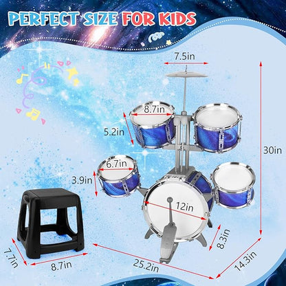 Kids Drum Set for Toddlers 1-3 Musical Jazz Drum with Stool Toys for 2-5 4-6 5-7 Boys Girls Birthday, Blue