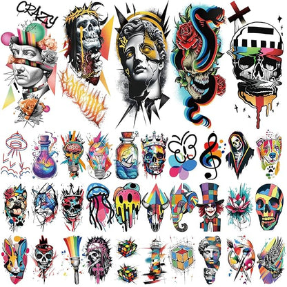 47 PCS Pop Art Hippie Temporary Tattoos Adult Kids 17 PCS Large Half Arm Fake Tattoos, 30 PCS Waterproof Tiny Stickers Gifts Party Favor Supplies