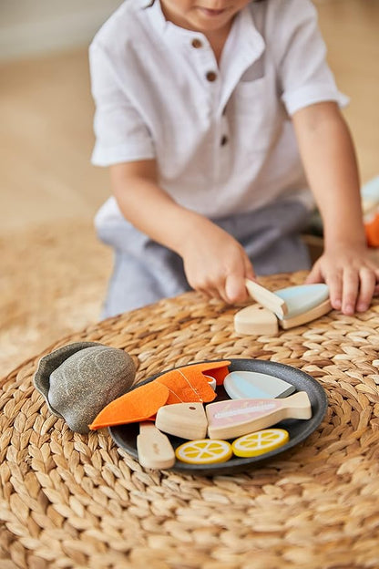 PlanToys® Wooden Pretend Play Seafood Platter Food Toy for Kids | Includes Fish, Prawn, Oyster, Knives & More | Montessori Role Play Kitchen Toy for Imaginative Learning