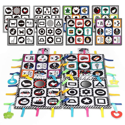 teytoy Tummy Time Floor Mirror, Double High Contrast Play and Pat Activity Mat Black and White Baby Crinkle Toys with Teether, Great Gift for Infants Boys and Girls -Pack of 4