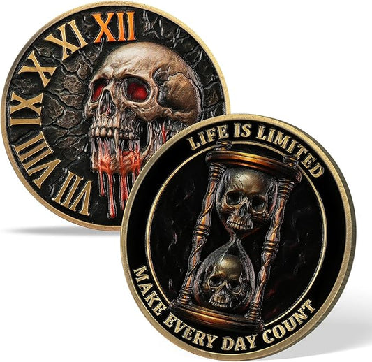 AtSKnSK Memento Mori Coin Momento Mori Coin Skull Coin Stoic Gifts Memento Mori Calendar Living Memento Mori Amor Fati Coin (Crack Time Warning)