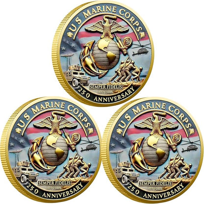 USMC 250th Anniversary Challenge Coin (1.57 Inch) – Double-Sided Collectible Military Coin for Veterans, Active Duty & Marine Corps Enthusiasts (3PCS)