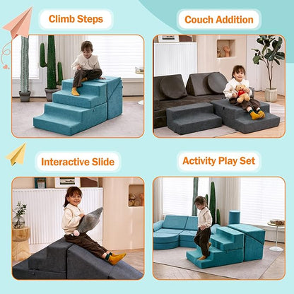 jela Toddlers Climbing Toys Indoor, Toddler Indoor Playset, Safe Soft Foam Climbing Blocks with Slide Stairs, Climbing Toys for Toddlers Luxury Miss Fabric, Soft Couch Slide (Lightblue)
