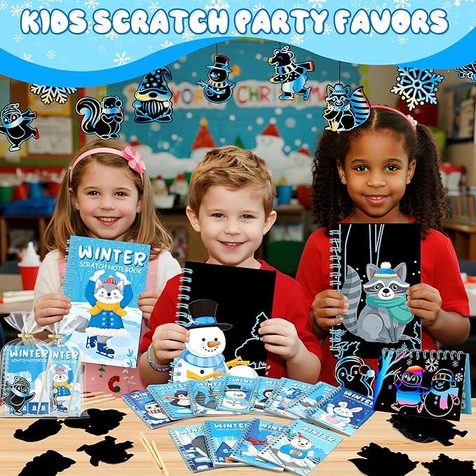 24 Pack Winter Scratch Art Party Favors for Kids - Rainbow Scratch Paper Snowflake Penguin Scratch Off Cards Frozen Birthday Goodie Bags Stuffers - Return Christmas Gifts DIY Classroom Prizes