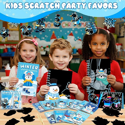 24 Pack Winter Scratch Art Party Favors for Kids - Rainbow Scratch Paper Snowflake Penguin Scratch Off Cards Frozen Birthday Goodie Bags Stuffers - Return Christmas Gifts DIY Classroom Prizes