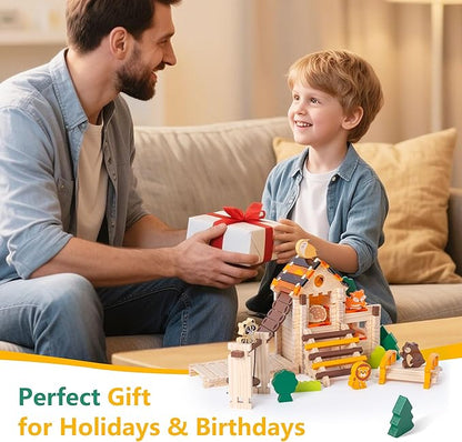 168 Pcs Wooden Blocks Toys with Grass and Small Animals,Classic Old Fashioned Toys,Wooden Building Blocks for Kids Ages 3-9 Boys and Girls