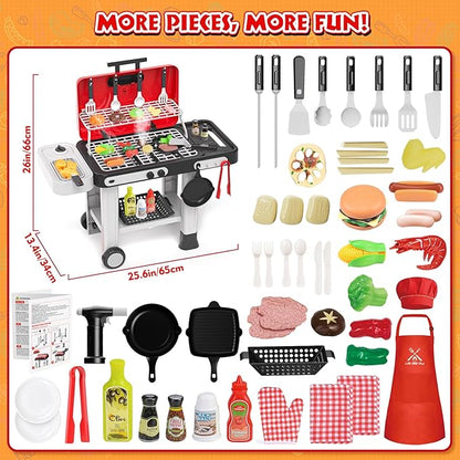 86PCS Kids Play Kitchen Toys: 2025 Kids Grill Playset with Smoke, Sound, Light, UV&Water Color-Changing Play Food, Pretend Kids Kitchen Playset, Interactive BBQ Outdoor Toys, Birthday Gift for Toddler