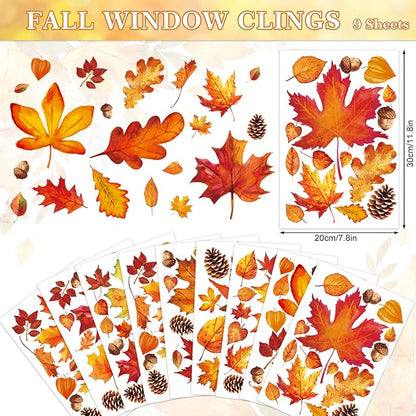 Whaline 9 Sheet Fall Window Clings Watercolor Orange-Brown Maple Leaves Pine Cone Acorn Double-Sided Reusable Windows Decals for Autumn Thanksgiving Halloween Home Windows Glass Holiday Decor