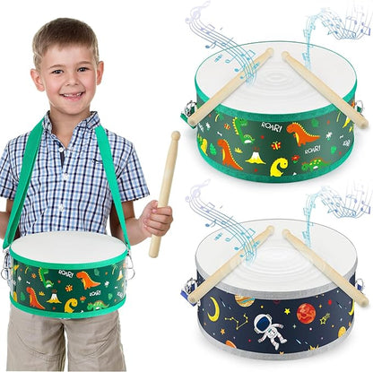 Boao 2 Pcs Kids Drum Set, 8 Inch Toddler Drum Wooden Toy with Adjustable Strap and 4 Drumsticks, Educational Sensory Musical Instrument for Toddlers Kid Baby Boys Girls Gift (Dinosaur,Space)
