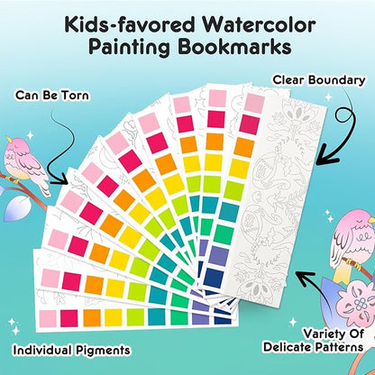 Watercolor Painting Coloring Books Pocket Watercolor Paint Bookmarks, Mess Free Paint with Water Set, Travel Class Activities Art Party Favors Exchange Birthday Gifts for Kids (Enchanting forest)