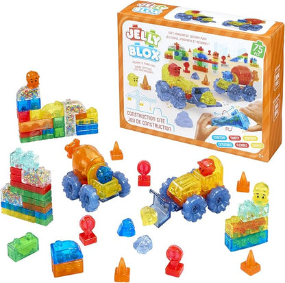 Jelly Blox Construction Site Set | Includes 75 Pieces | Toddler & Preschool Building Blocks Kids Can Squeeze, Stretch, Squish | Safety Tested & Ouch-Free | Tactile, Sensory Play Toy for Ages 2+