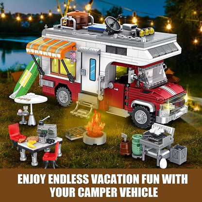 Camper Van Building Set, Compatible with Rvs Camper Vehicles, Summer Beach Holiday Camping Car Building Toy with Light, Gift for Adults and Boys Girls Kids Teens 8-12 (924 PCS)