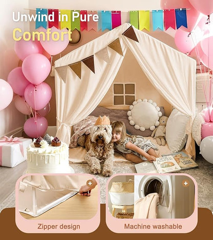 Kids Tent, Play Tent with Star Lights, Large Play Tents with 2 Windows, Kids Playhouse Indoor & Outdoor, Reading Nook, Christmas Toddler Tents for Girls & Boys, 52" x35" x 51", Cream