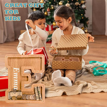 Wooden Letter Piggy Bank for Kids Larger Alphabet Letter Bank for Boys Initial Coin Bank Personalized Piggy Bank Wood Money Save Box for Birthday and Festival-Upgrade 9"" E Piggy Bank