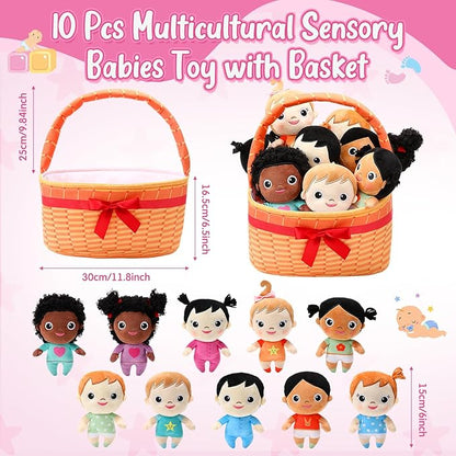 HyDren Basket Plush Baby Dolls, Set of 10 Soft Multicultural Sensory Dolls 6'' Plush Diversity Toys for Preschool Classroom, Easter Toddler Baby Toys for Kids Girls Boys All Ages
