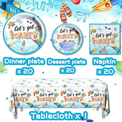 Summer Party Decorations,Pool Party Supplies Tableware Set,Let's Get Soaked Water Gun Pool Party Include Dinner Plates,Napkins,Tablecloth,for Summer Beach Kids' Birthday Hawaiian Decorations