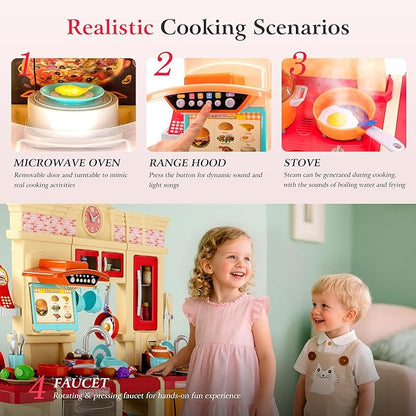 【2025 Upgraded】 Kitchen for Kids Interactive Play Kitchen for Kids Toddlers-Lightweight Easy-Install Pretend Kitchen with Tablet Ordering, Music, Lights Sounds, Steam Stove, Sink & Dishwasher(Pink)