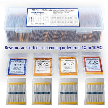 3120 Pcs 156 Values Metal Film Resistor Assortment Kit, 1/4W 1% Tolerance (1Ω-10MΩ), Professionally Organized with Labeled Bags & Durable Case | Ideal for DIY, Electronics, and Precision Circuits