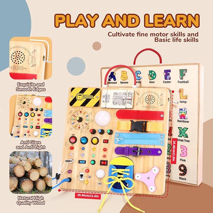 Busy Board,Montessori Toys for 1-3 Year Old Boys & Girls,Travel Educational Learning Activities for Toddlers,Sensory Toy for Kids with Autism (Busy Board v3)