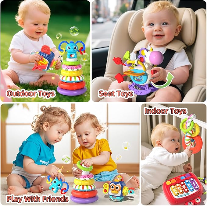 4 in 1 Baby Toys for 6-12 Months, Infant Sensory & Stacking for 1 Year Old, Dinosaur Busy Cube Toys for Babies 6-9-12 Months, Piano Xylophone Musical Travel Toy, Christmas Birthday Gifts for Toddler