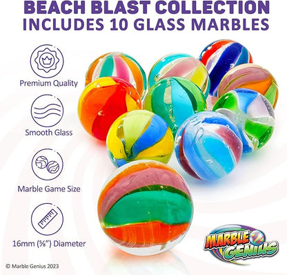 Marble Genius Handmade Glass Marbles - 16mm (5/8 in) Beach Blast, 10-Count - Beach Ball Pattern & Solid Glass Spheres for Collection & Marble Run