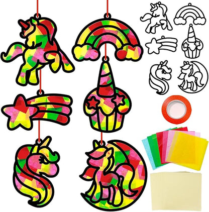 Qyeahkj 36 Set Unicorn Suncatchers Crafts for Kids DIY Unicorn Tissue Paper Crafts Window Stained Glass Effect Rainbow Hanging Decor School Home Creative Activity Art Project Birthday Party Favor Gift