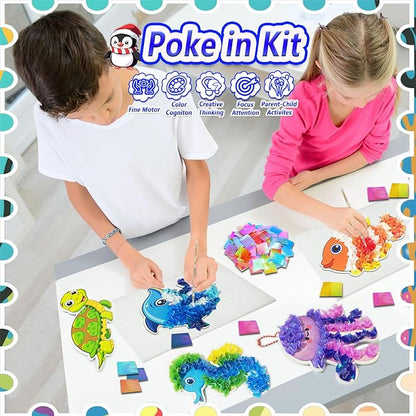 mom&myaboys Mess-Free Poke Art for Kids Ages 4-8 - Ocean Animals Craft Kit (8 Sea Creatures: Jellyfish, Dolphin, Turtle & More) | Beginner Sewing Toys for Toddlers | Creative Gift for Girls and Boys
