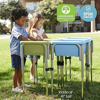 ECR4Kids 4-Station Sand and Water Adjustable Play Table, Sensory Bins, Fern Green/Powder Blue