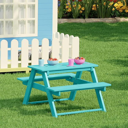 Costaelm Kids Picnic Table, HDPE All Weather Outdoor Toddler Picnic Table and Chair Set Kids Bench for Patio, Backyard, Garden, Lawn, Turquoise