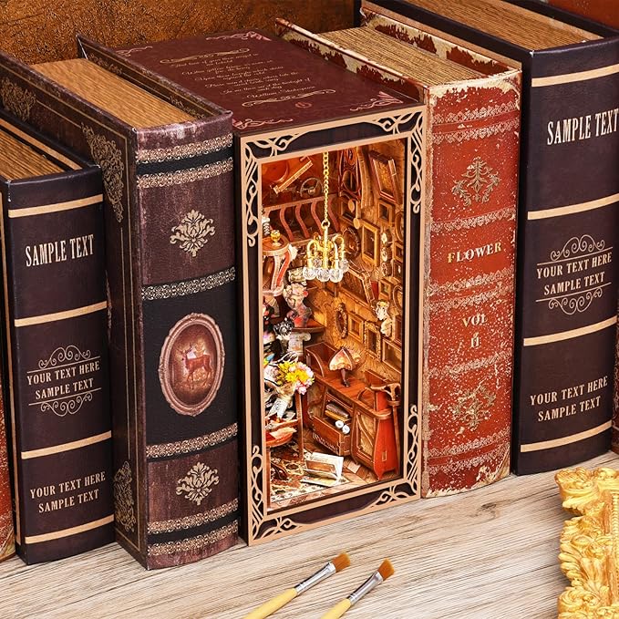 DIY Book Nook Kit, Miniature Dollhouse Booknook Kit, 3D Wooden Puzzle Bookend Bookshelf Insert with LED Light for Teens and Adults, Painter's Day at Dusk