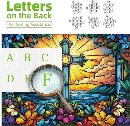 1000 Piece Stained Glass Cross Jigsaw Puzzle for Adults | Challenging & Colorful Cross Flower Pattern | Perfect for Game Nights & Gifts