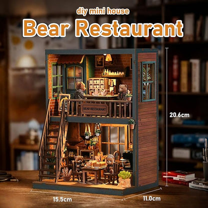 ISSEVE Book Nook Kit - DIY Miniature House Kit for Adults, Teens and Beginners, Dollhouse Booknook Craft Tiny House Bookshelf Decor 3D Wooden Puzzle, Gifts for Friends Family (Bear Restaurant)