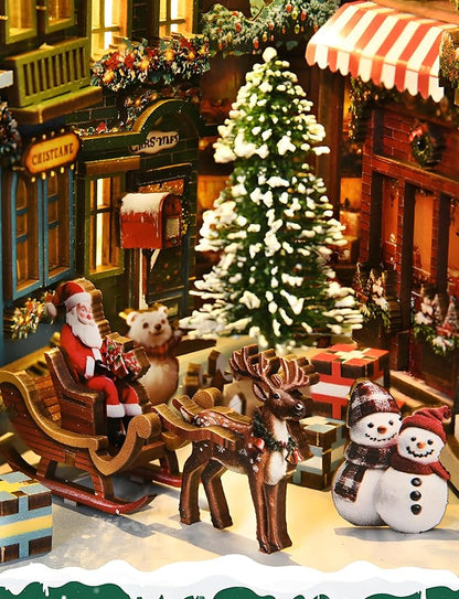 DIY Christmas Book Nook Kit, Wooden Dollhouse Kit with Dust Cover,Tiny Diorama House Building Set Booknook Bookshelf Insert Decor Alley Creative Idea Gifts for Aduls Bookends Model(Christmas Street)