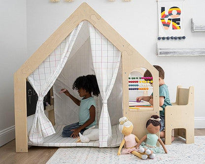Avenlur Flair - 5 in 1 Indoor Playhouse with Desk Table, Chair, Chalkboard, Floor Cushion and Curtain Shades - Montessori and Waldorf Style for Ages 1 to 8 Years Old - (Large, Colorful Windowpane)