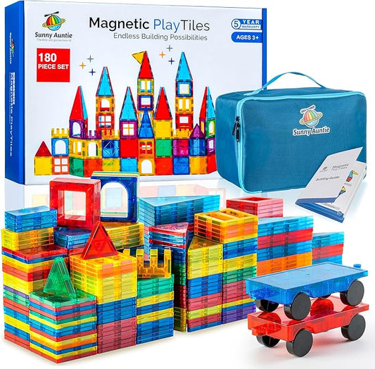 Magnetic Tiles 180 PCS+ Bonus Zippered CASE, Magnetic Tiles for Kids Toy for 3 4 5 6 7 8 Year Old Boys & Girls, Great Gift for Kids Aged 3-8, XL Set