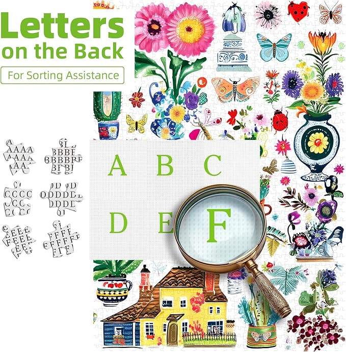 500 Piece Jigsaw Puzzle for Adults Vibrant Garden Scene Cute Butterflies Flowers Birds House Whimsical Doodle Collage Garden Charming Cartoon Art Challenging Yet Relaxing, 20x20 Inch Artwork