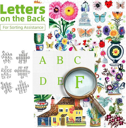 500 Piece Jigsaw Puzzle for Adults Vibrant Garden Scene Cute Butterflies Flowers Birds House Whimsical Doodle Collage Garden Charming Cartoon Art Challenging Yet Relaxing, 20x20 Inch Artwork