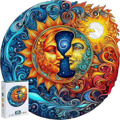 Wooden Jigsaw Puzzle 500 Pieces for Adults - Circular Celestial Sun & Moon Art Puzzle with Intricate Swirl Patterns, Challenging Family Leisure Game, Unique Home Decor & Gift Idea