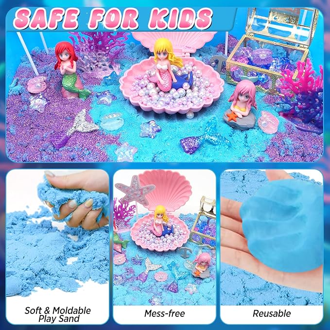 CORPER TOYS Ocean Mermaid Sand Art Kit for Kids with Magic Sand, Seashell & Treasure Accessories Sensory Bin Toys for Toddlers Girls Gift for Birthday Christmas