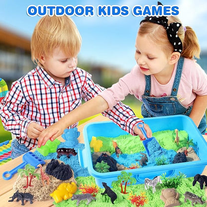 Billeeit Animal Sensory Bin Sand Toy, Play Sand Kit w/lid and 2.2lbs Magic Sand, Molds, Tools, Map Set 35pcs Total, Fun Gift for Kids 3+