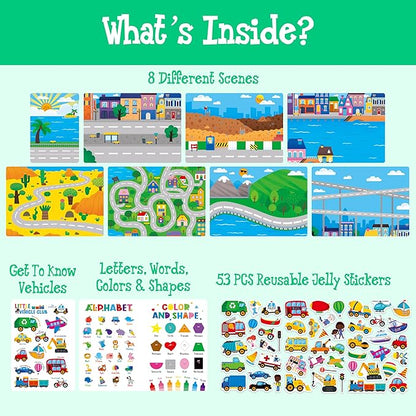 Reusable Jelly Sticker Book, 53 Vehicle Thick Jelly Stickers Waterproof Gel Cling Decals Transportation Themed Busy Book Hands-on Activity Travel Game Educational Learning Toys for Toddlers, Kids