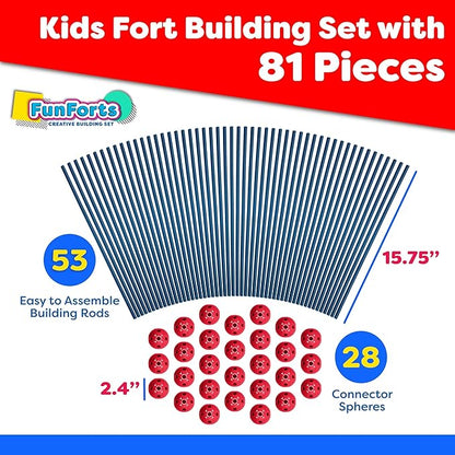 Power Your Fun Fun Forts Kids Tent - 81 Pack Fort Building STEM Toys Kit, Construction Toys Play Tent Indoor and Outdoor Playhouse for Kids with 53 Rods and 28 Spheres (Red, Blue)