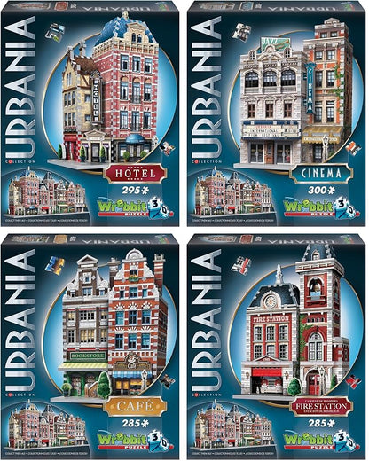 Wrebbit 3D Urbania Collection 3D Puzzle Bundle | Includes Hotel, Cinema, Café and Fire Station | 1165 Pieces Jigsaw Puzzle Pieces Total | Build a Charming and Unique Streetscape of a Small Town