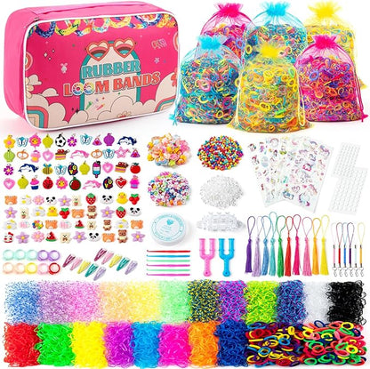 Sundaymot 18000+ Rubber Loom Bands Kit, Loom Bracelet Making Kit for Girl, with Canvas Bag, Charms Beads, DIY Art Craft Set, Rubber Band Bracelet Kit Creative Birthday Gifts for Girls and Boys