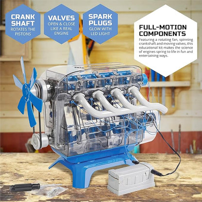 Discovery Model Engine Building Kit, DIY 4-Cylinder Combustion Engine, Working Pistons Fan Valves Belts LED Lights, STEM Mechanic Engineering Construction Experiment Set, Kids & Adults Gift
